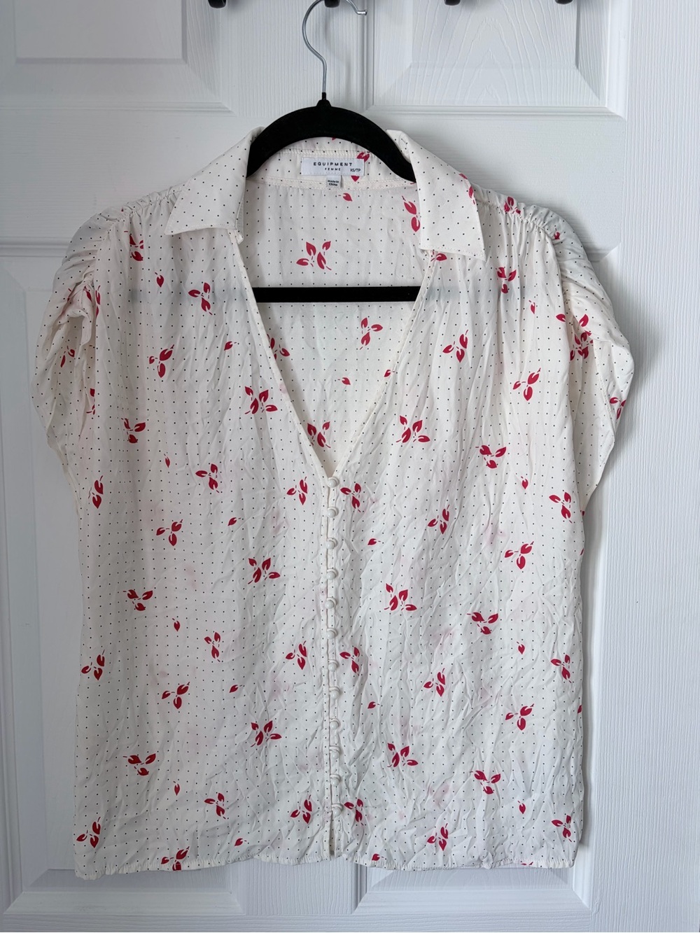 Equipment 100% Silk White Button-Front Blouse with Pink Floral Print